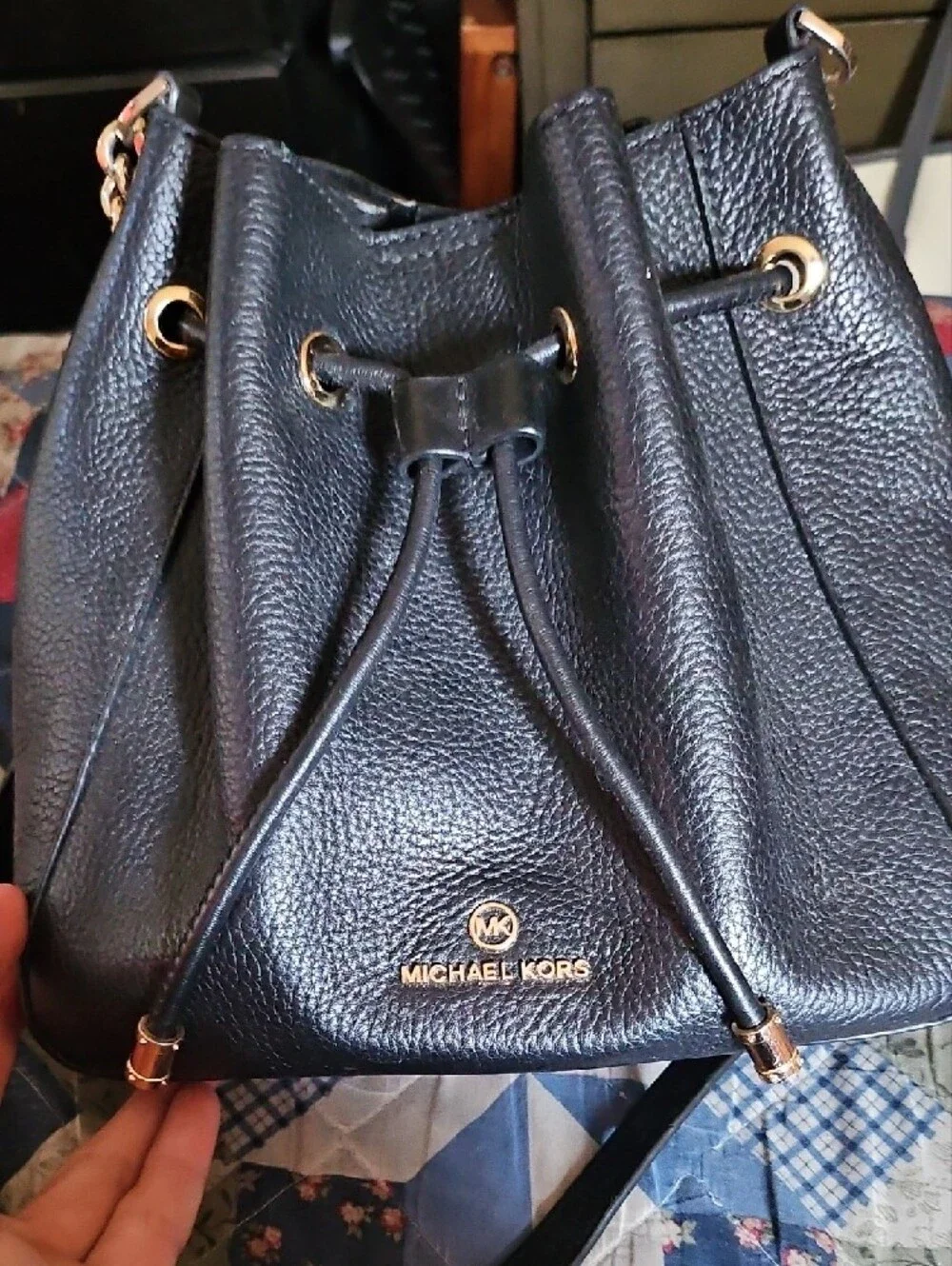 Michael Kors Black Pebbled Leather Drawstring Bucket Bag